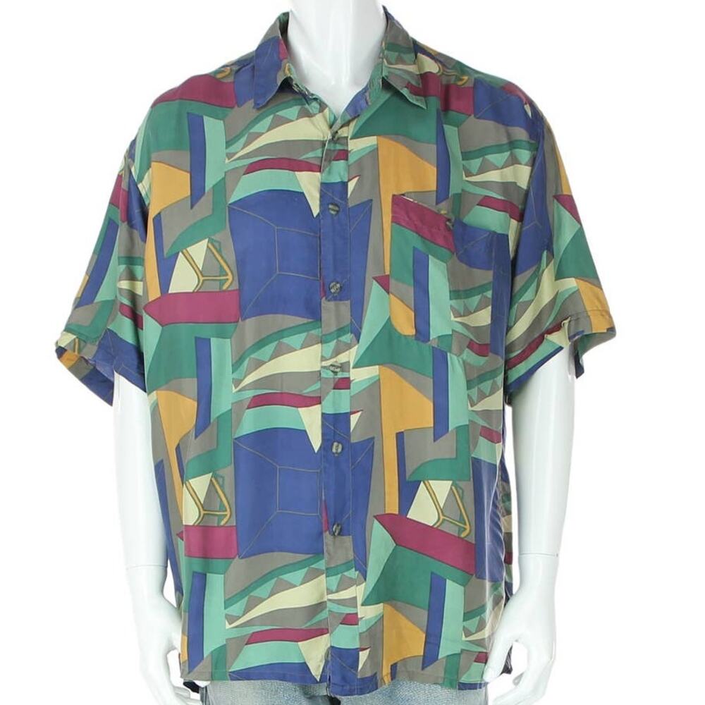 Vintage 100% Silk Hipster Funky Geometric Abstract Art All Over Print Camp Shirt